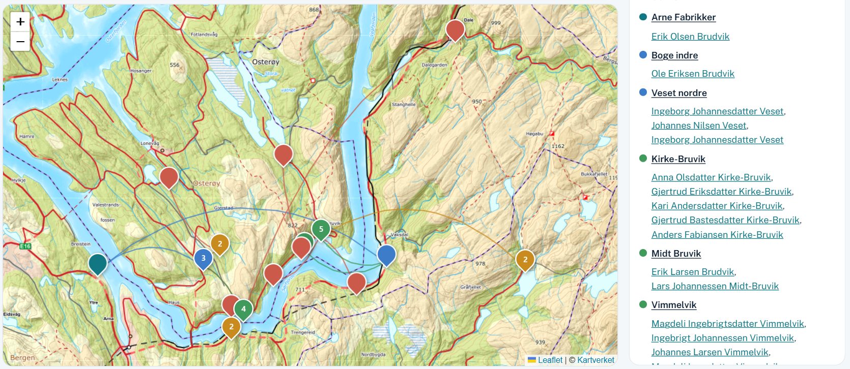 Ancestor map of Osterøy with the farms the ancestors came from