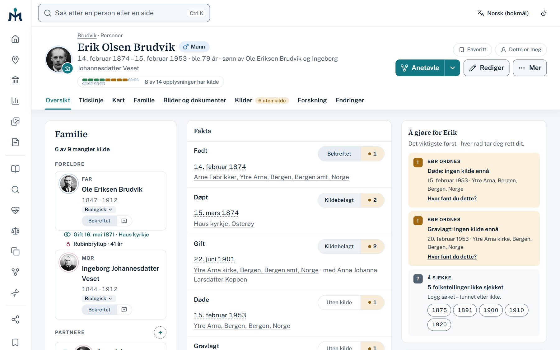 Erik Olsen Brudvik's person page in Mimir: the family, facts with their source status and what needs doing