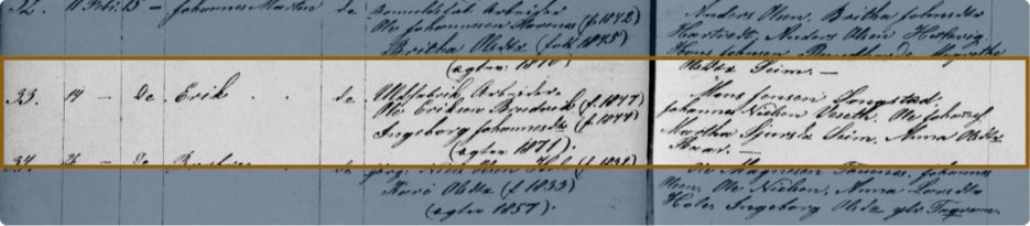 Church-book excerpt for Erik's baptism in 1874