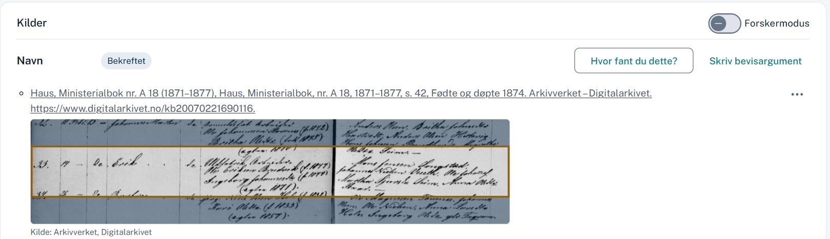 Church-book excerpt from the Digitalarkivet with Erik's baptism in 1874 marked